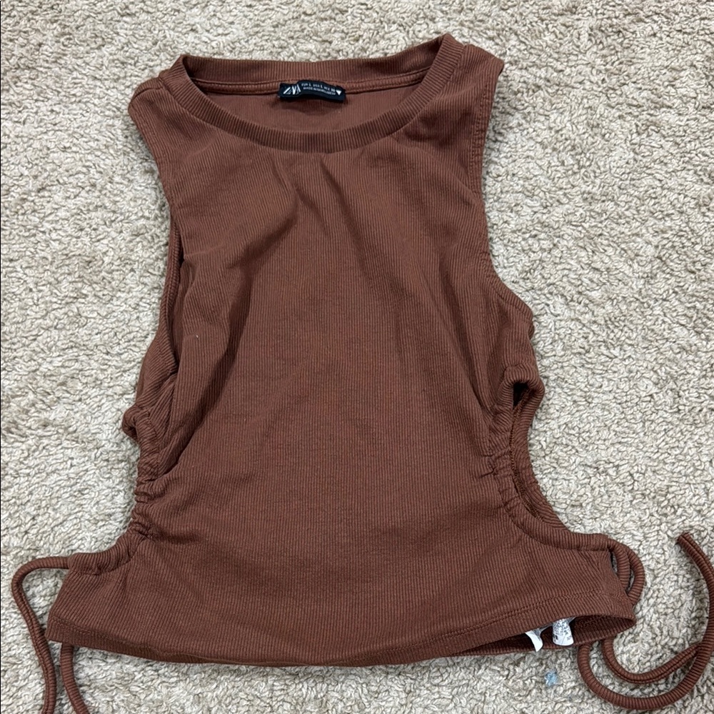 Brown Ribbed Side-Tie Tank Top - Women